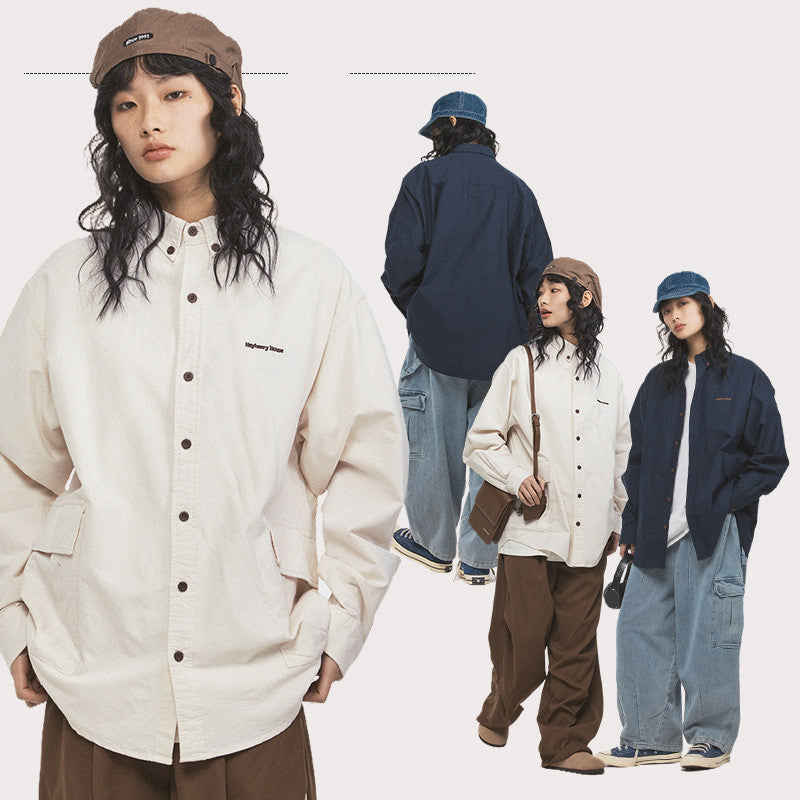 Solid Color Youth Shirt Loose Couple Long Sleeve Shirt