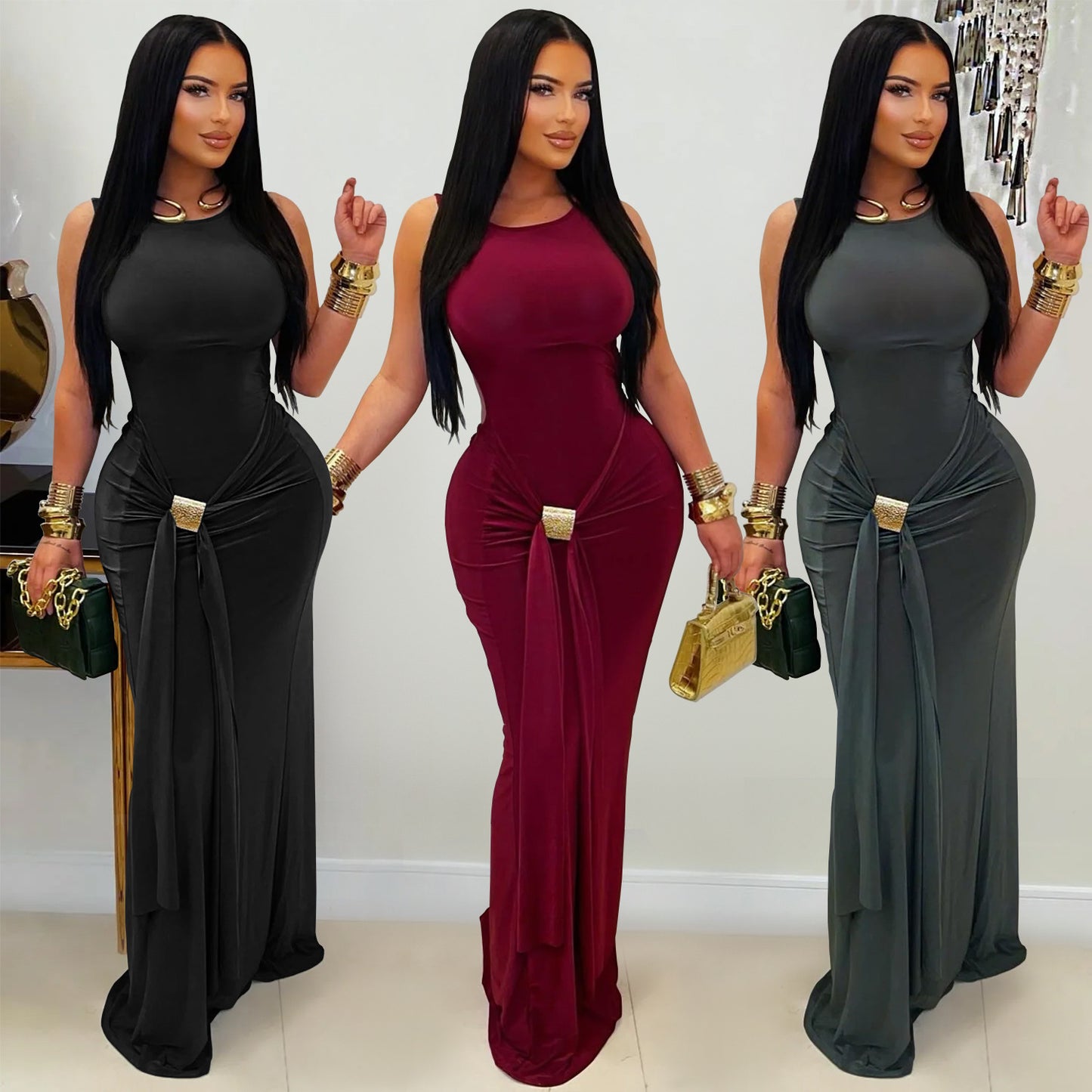Stylish Womens Solid-Color Figure-Hugging Backless Dress