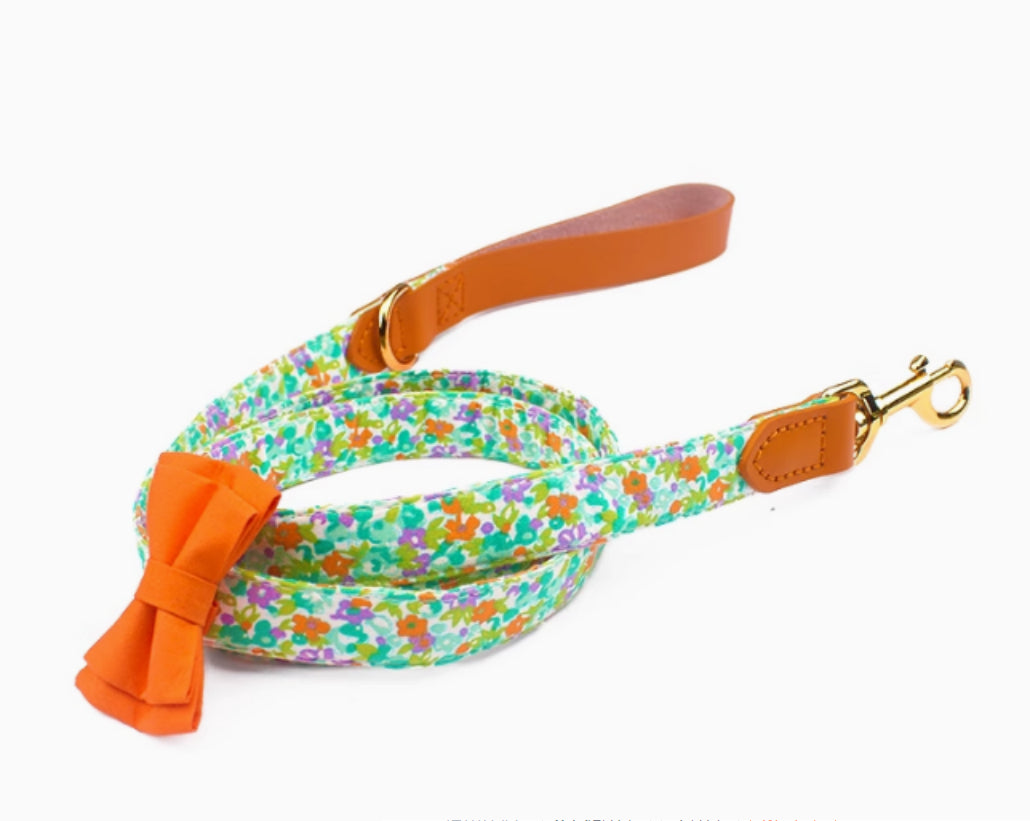 Cowhide Stitching Floral Cotton Pet Dog Collar Hand Holding Rope