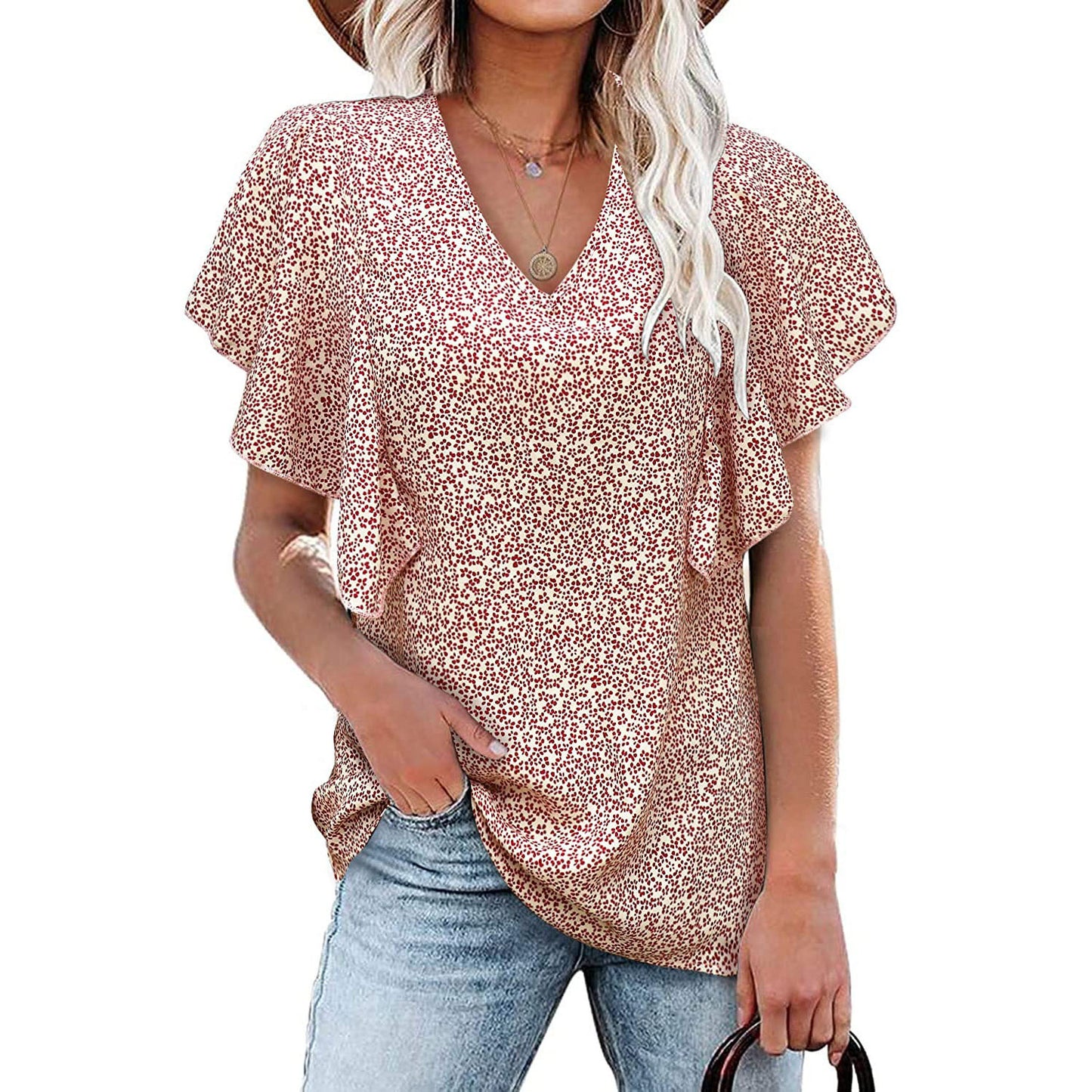 V Neck Floral Pleated Shirt Casual Short Sleeve Loose Top