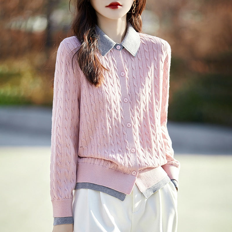 Women's Contrast Color Fashion Slim-fit Cashmere Lapel Sweater