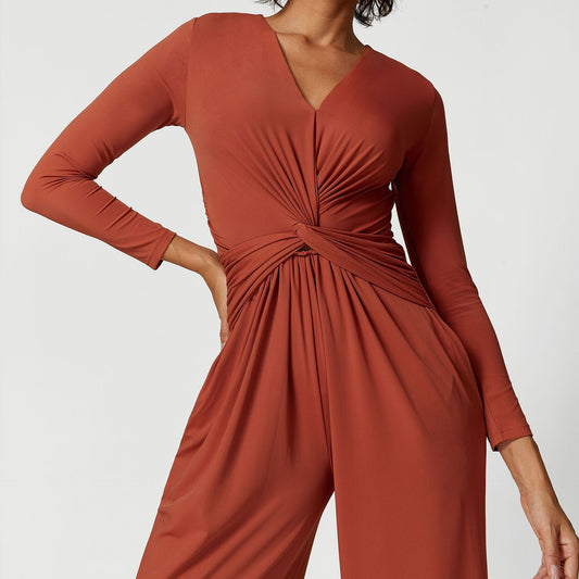 V-neck Pleated Design Sense High Slit Yoga Dress Women