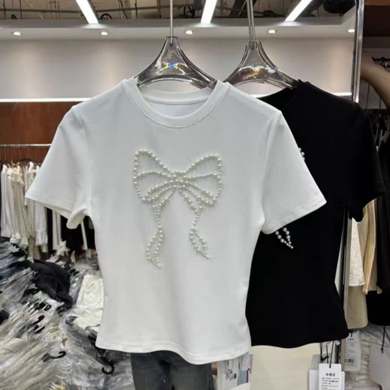 New Beaded Pearl Bow Short-sleeve Top