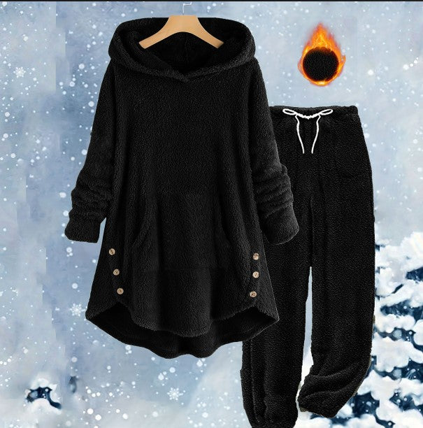 New AutumnWinter European And American-style Casual Womens Solid-color Plush Hooded Long-sleeve Pants