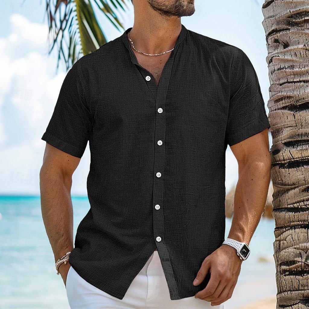 Men's Solid Color Cardigan Henry Collar Short Sleeve Cotton And Linen Shirt