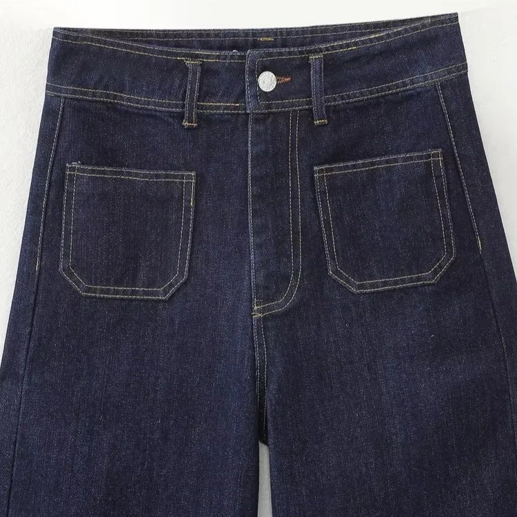 Navy Tuyere Pocket Decoration Loose Straight High Waist Jeans
