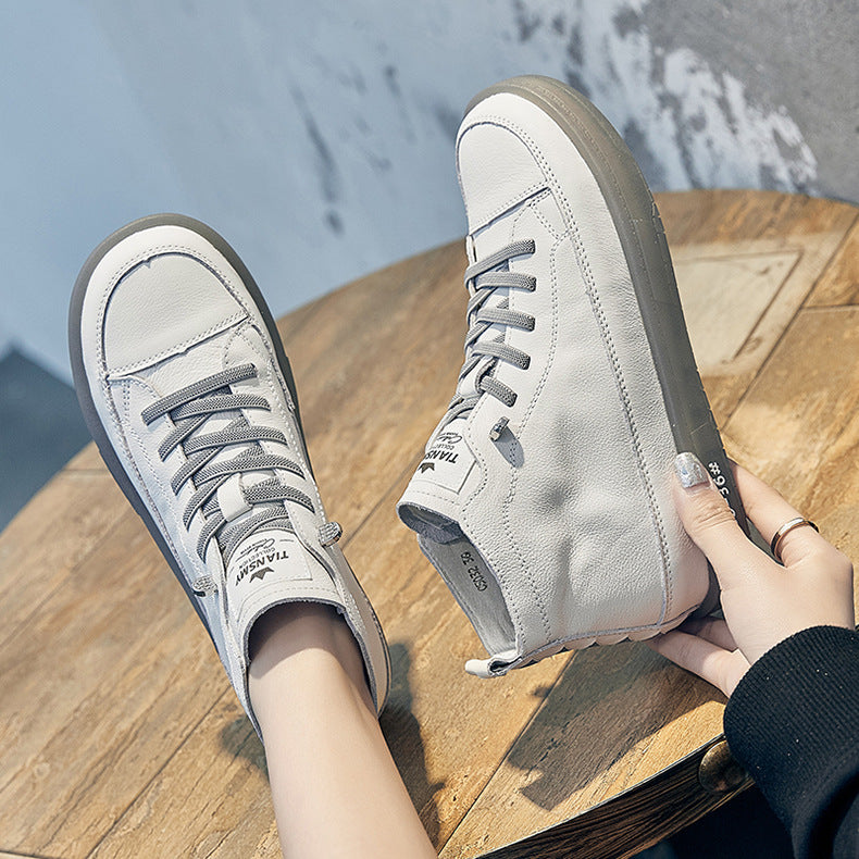Leather High-top Shoes Women's First Layer Cowhide Spring And Autumn New