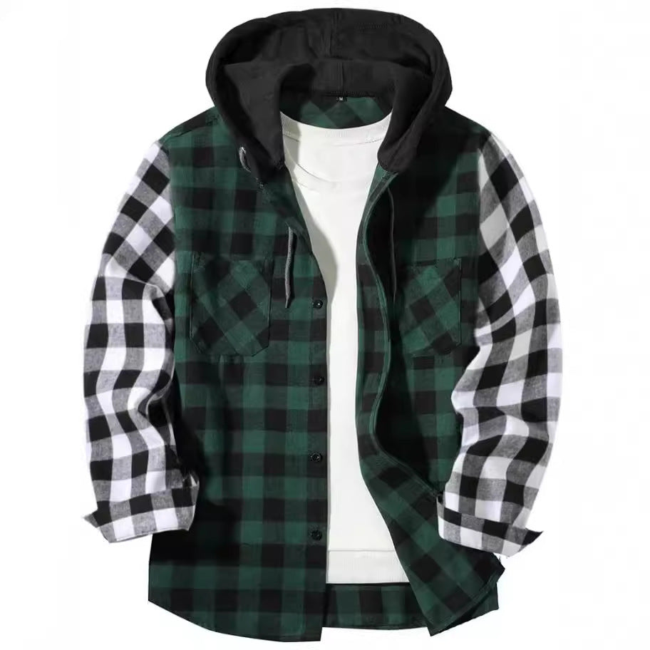 Patchwork Plaid Hooded Long-sleeved Shirt