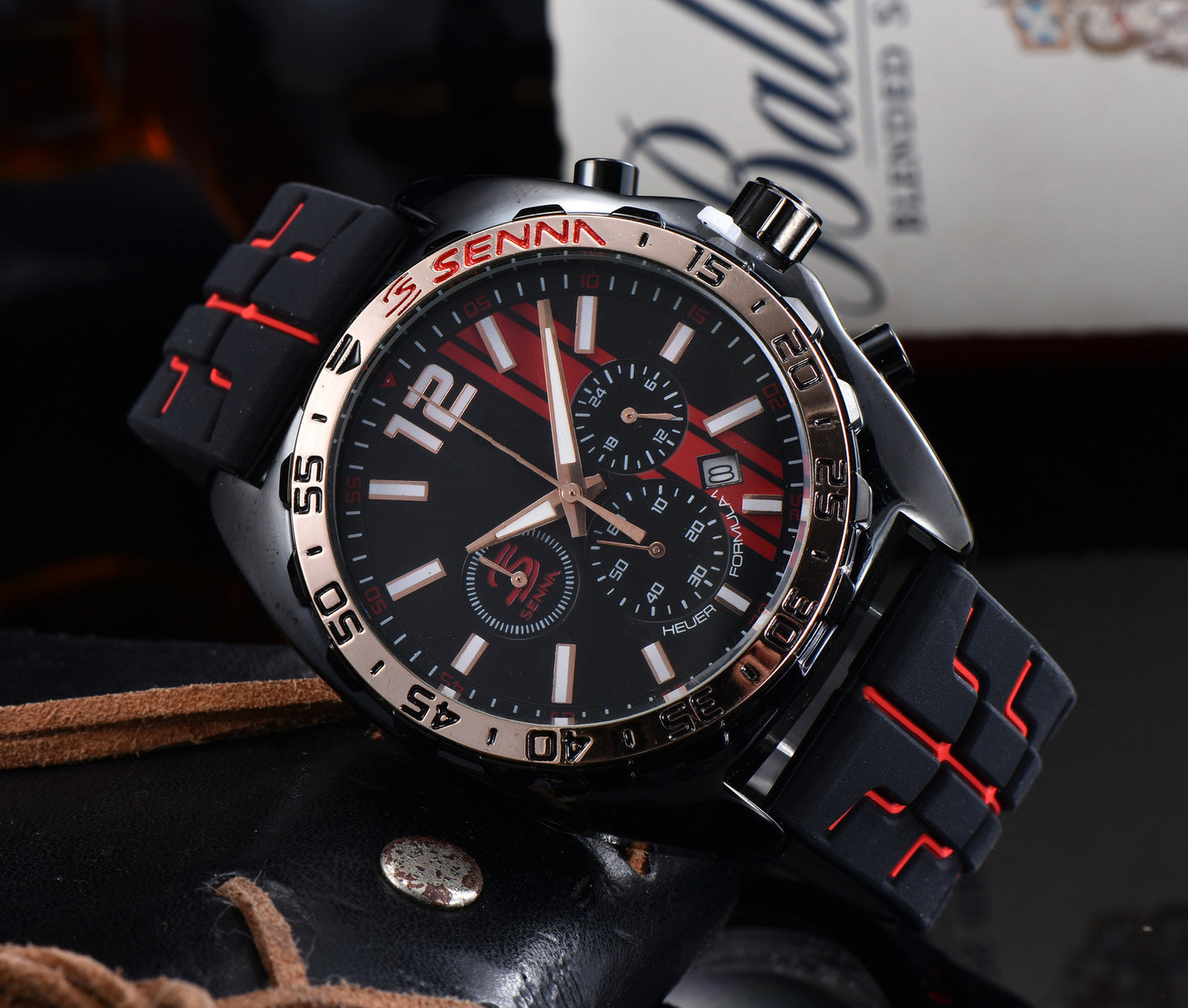 New Men's Quartz Rubber Red Taijia 6-Hand Running Seconds Functional Watch