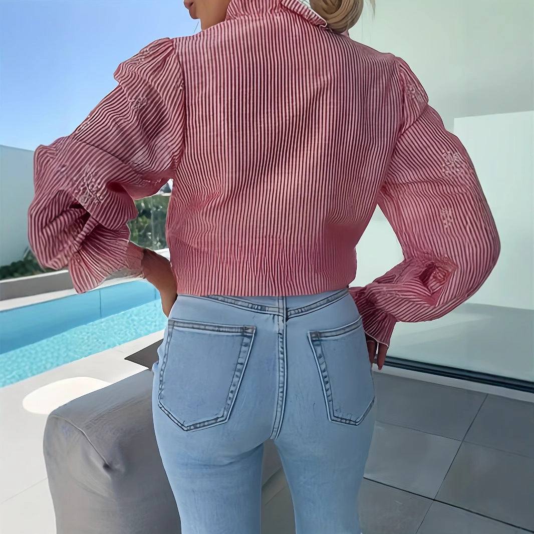 Striped Ruffled V-neck Blouse Women's Loose Top