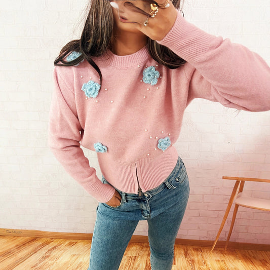 Three-dimensional Flower Pearl Elegant Zipped Round Neck Sweater