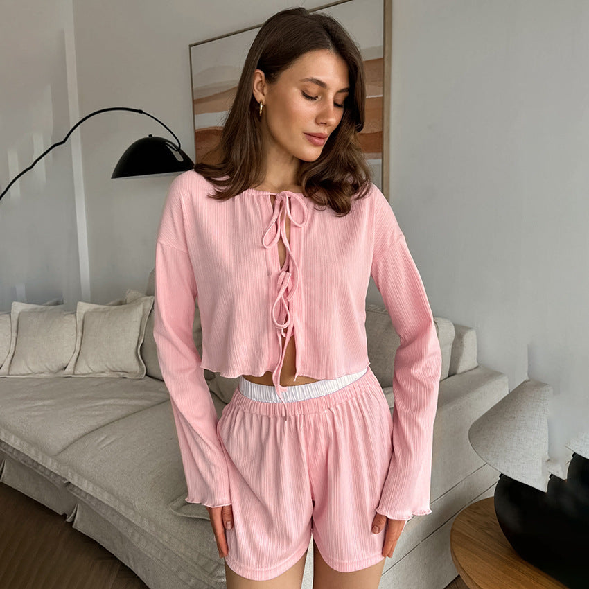 Womens Comfortable Long-Sleeve Shorts Pajama Set