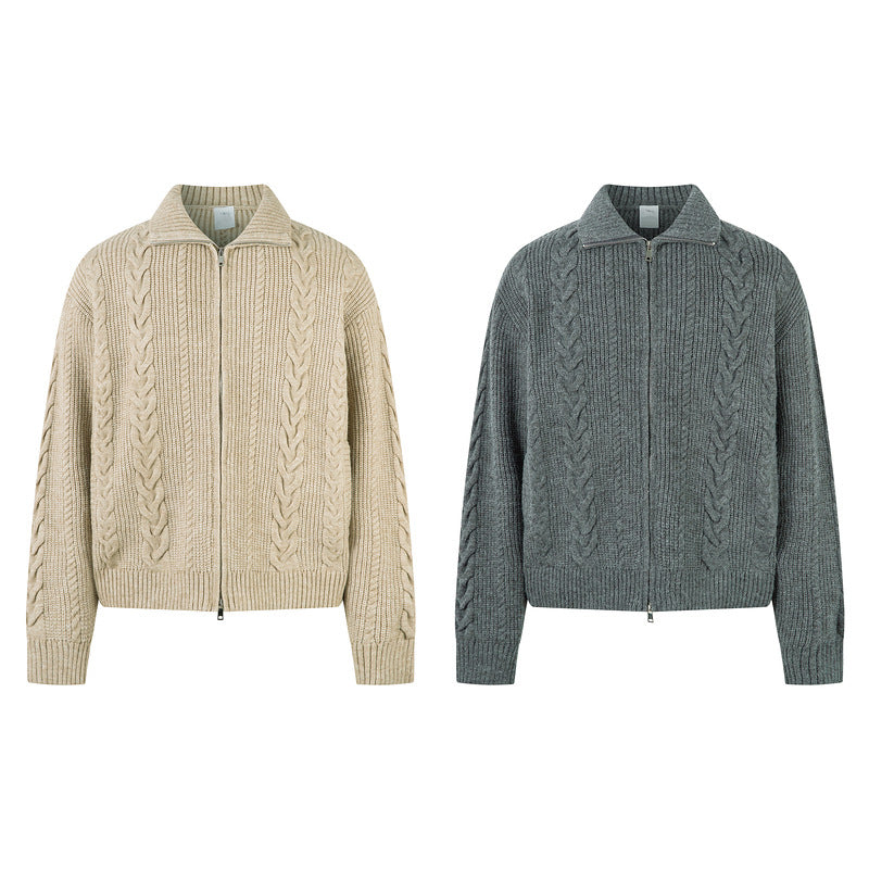 Mens Chunky-Knit Cable-Pattern Cardigan With Zipper