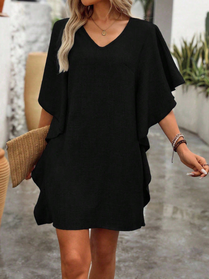 Solid-color Loose-fitting Flowing V-neck Dress With Ruffled Hem