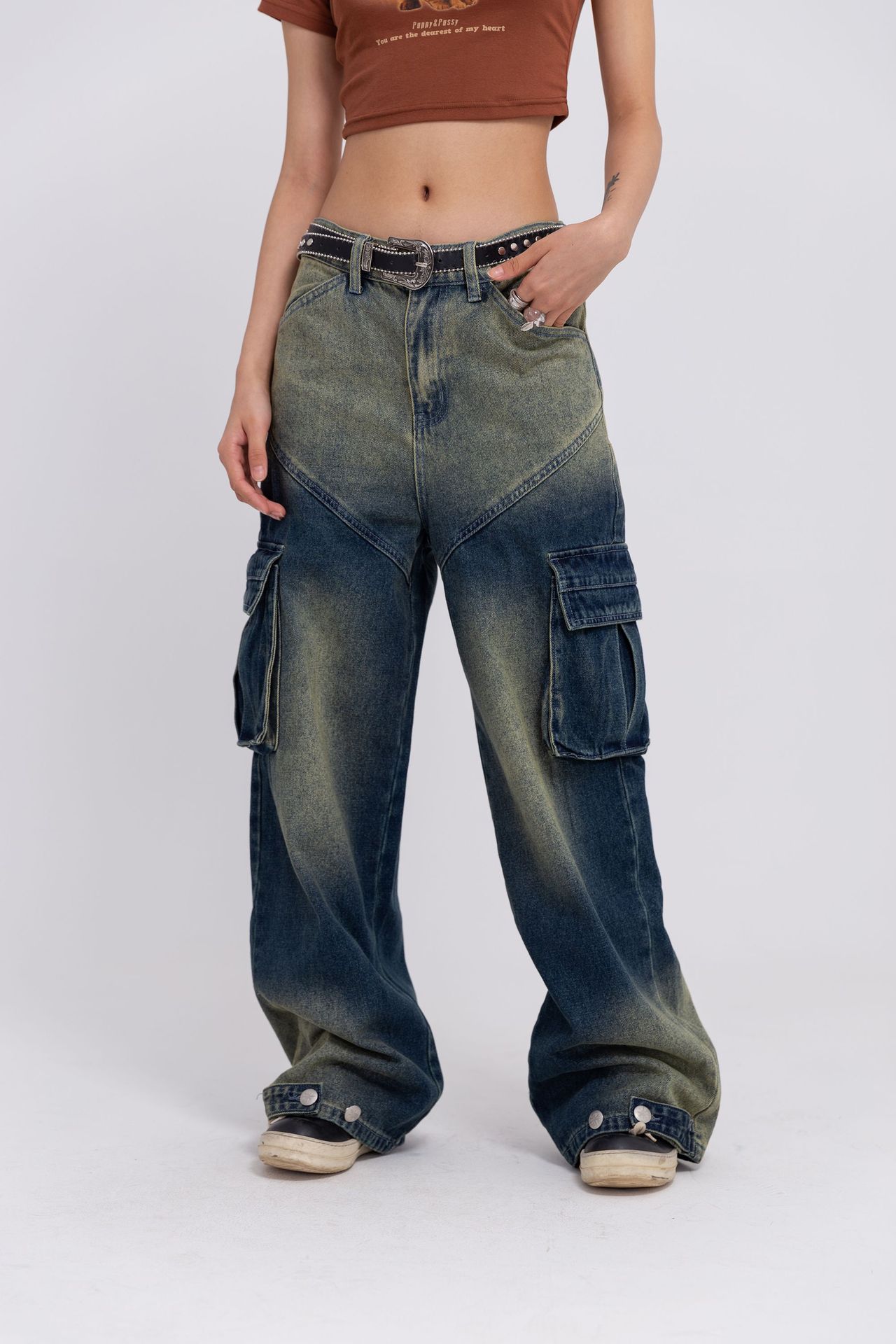 Unisex Street Fashion Loose Wash Workwear Denim Trousers