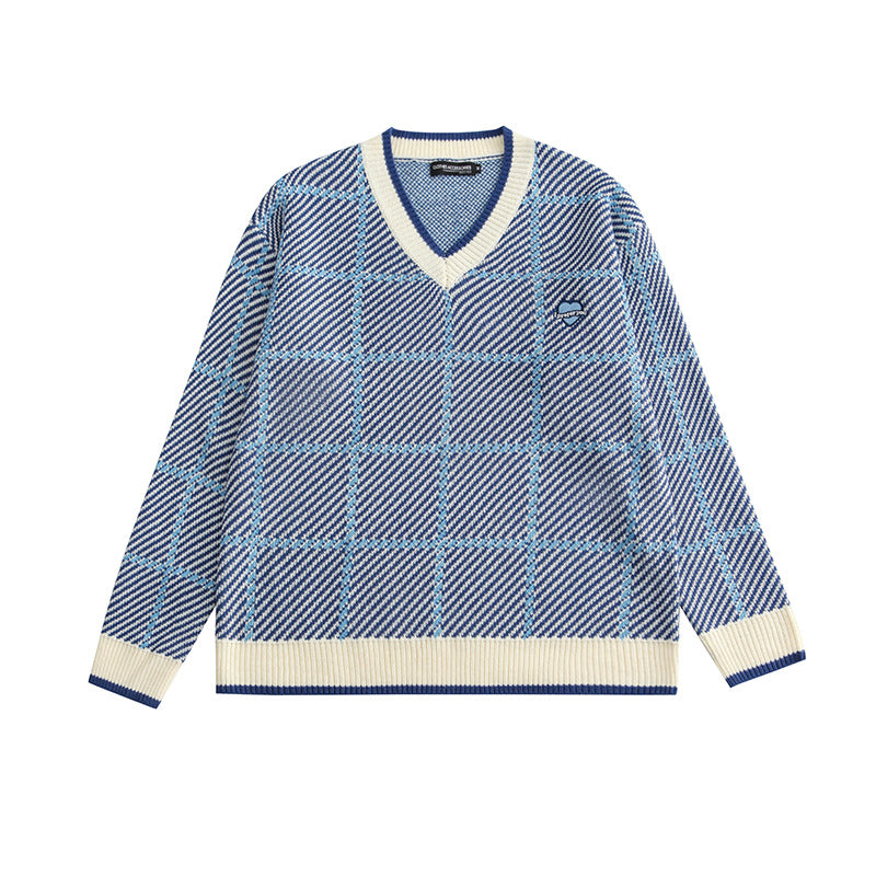 College Style V-neck Stitching Couple Sweater