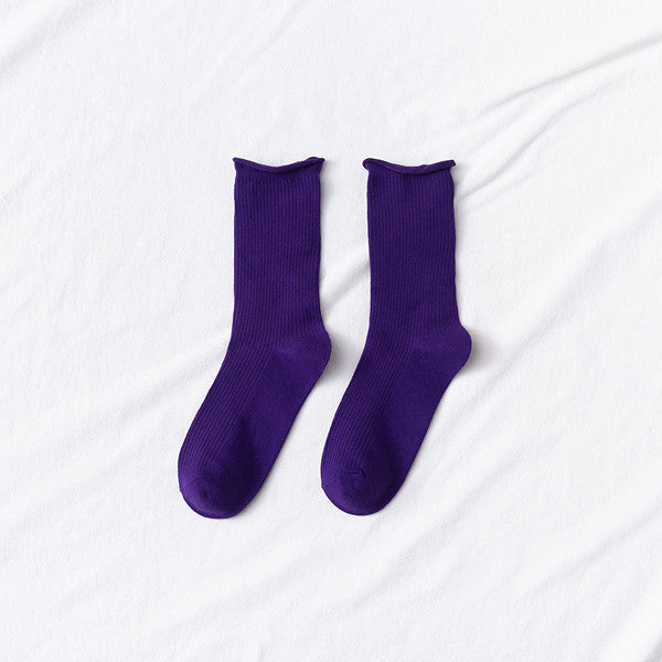 Women's Mid-tube Socks Thin Candy Color Rolled Edge Cotton