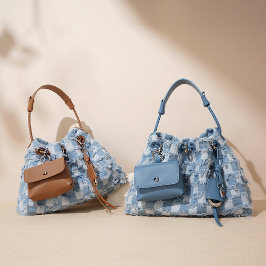 Højkvalitets One-shoulder Niche Førstelags Koskind Med Denim Underarms taske