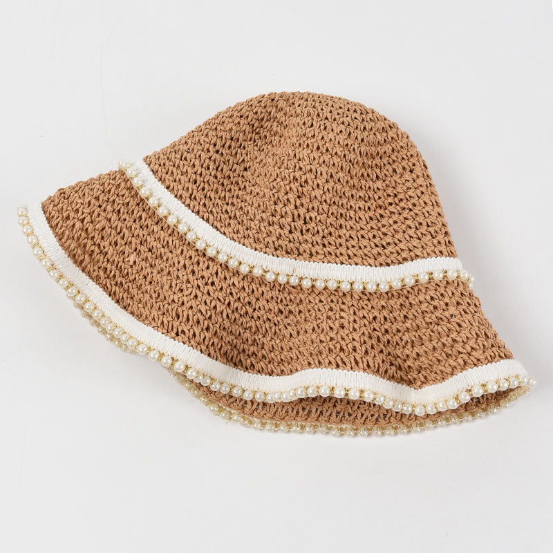 Pearl Decoration Hand Crochet Paper Straw Hat Foldable Big Brim Sunshade Beac