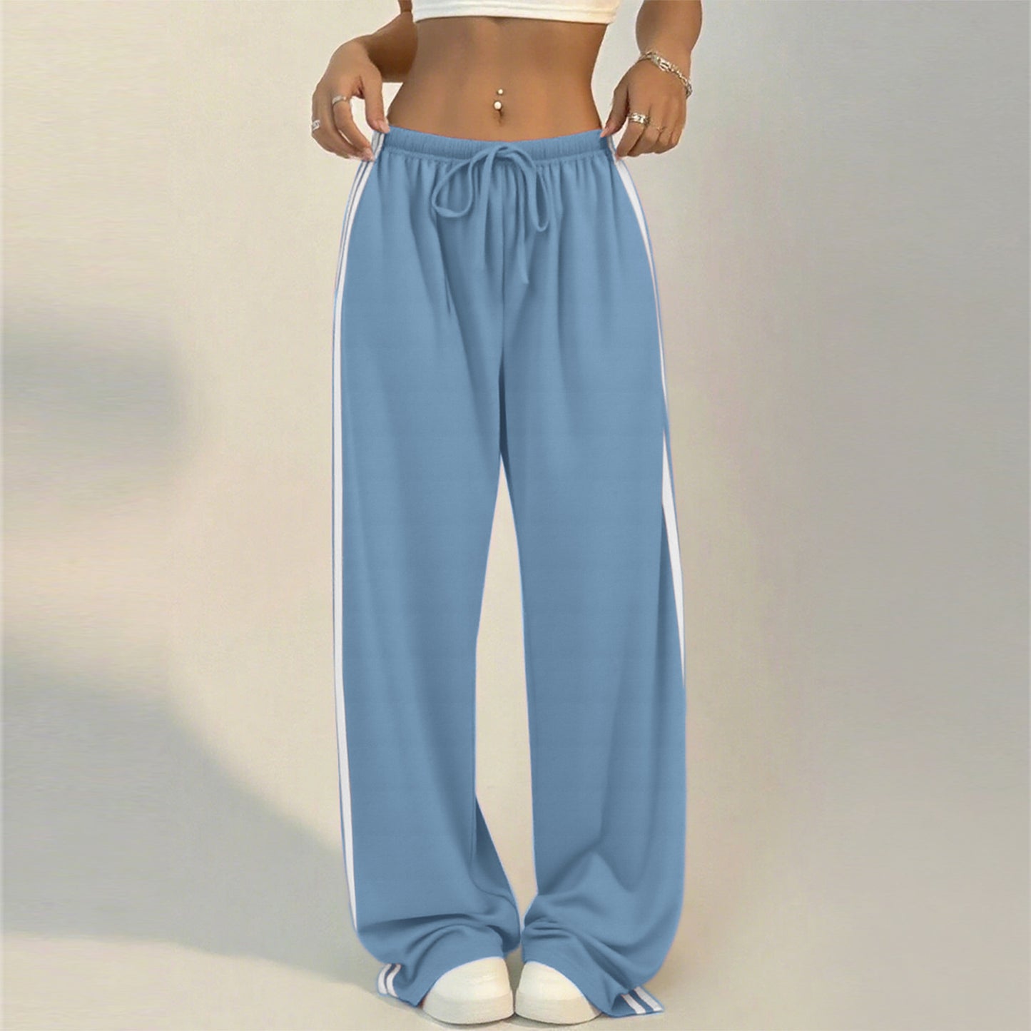 Womens Striped Slit-Edge Wide Leg Casual Pants