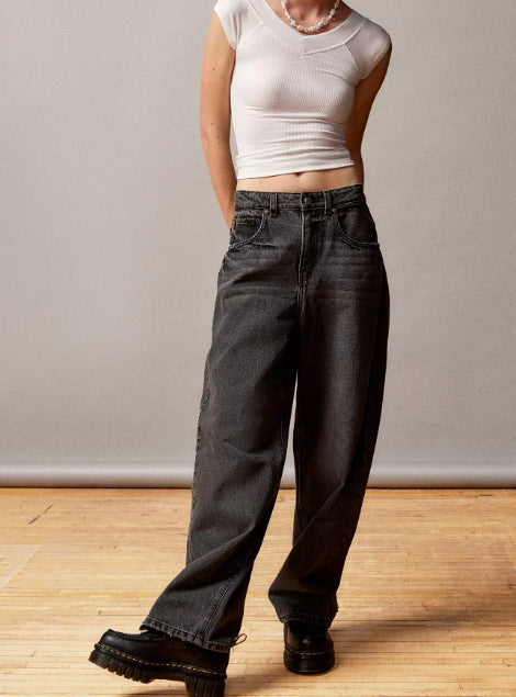 New Retro Black Straight-leg High-waist Jeans