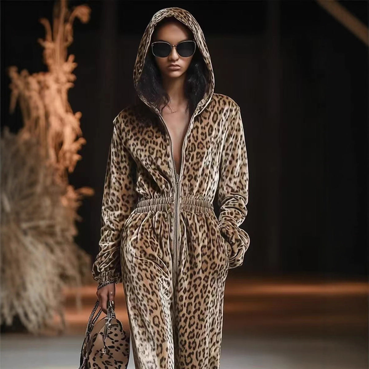 Womens Hooded Long-sleeve Leopard-print Jumpsuit With Long Pants