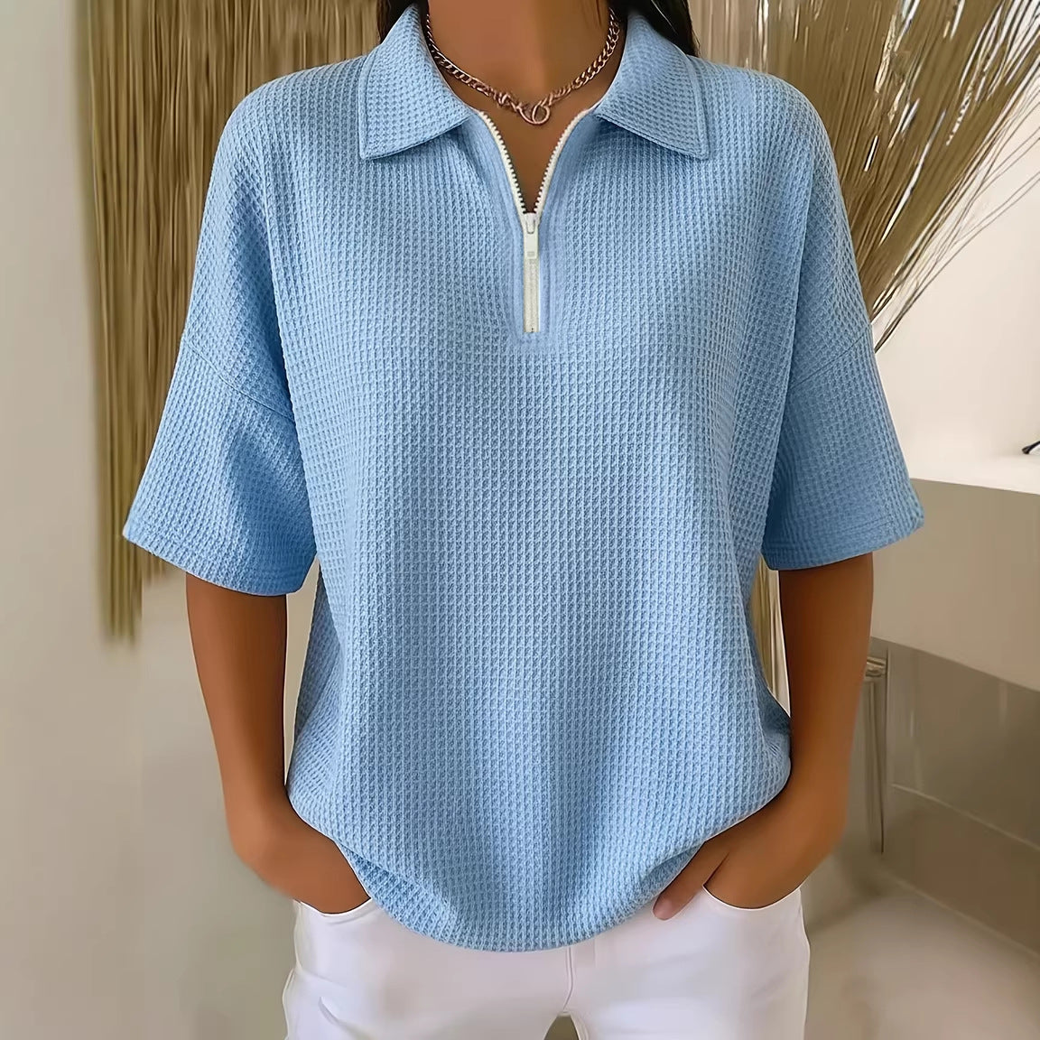 Pullover Drop-shoulder Half-zip Waffle-knit Short Sleeve