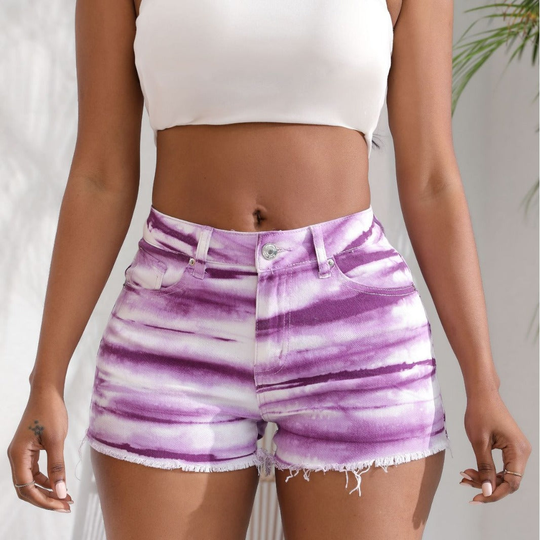 Summer Mid-Waist Washed Tie-Dye Stretchy Bootcut Denim Shorts That Flatter Your Figure And Pair Easily With Anything