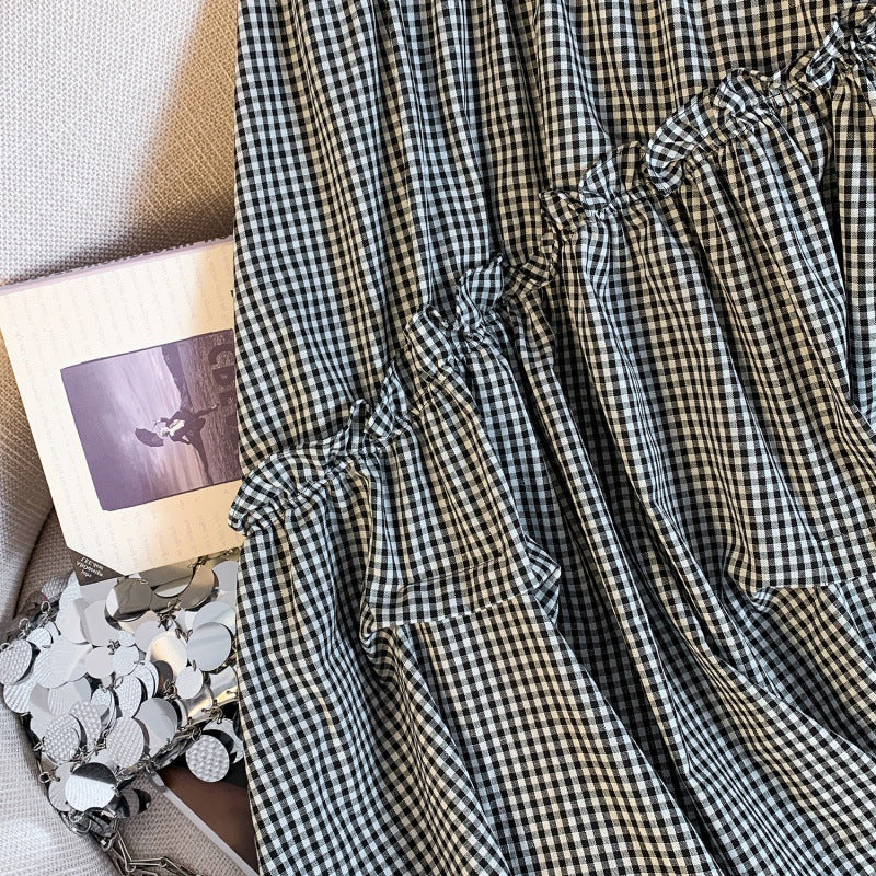 Summer Elastic Waist French Black And White Plaid Irregular A- Line Skirt