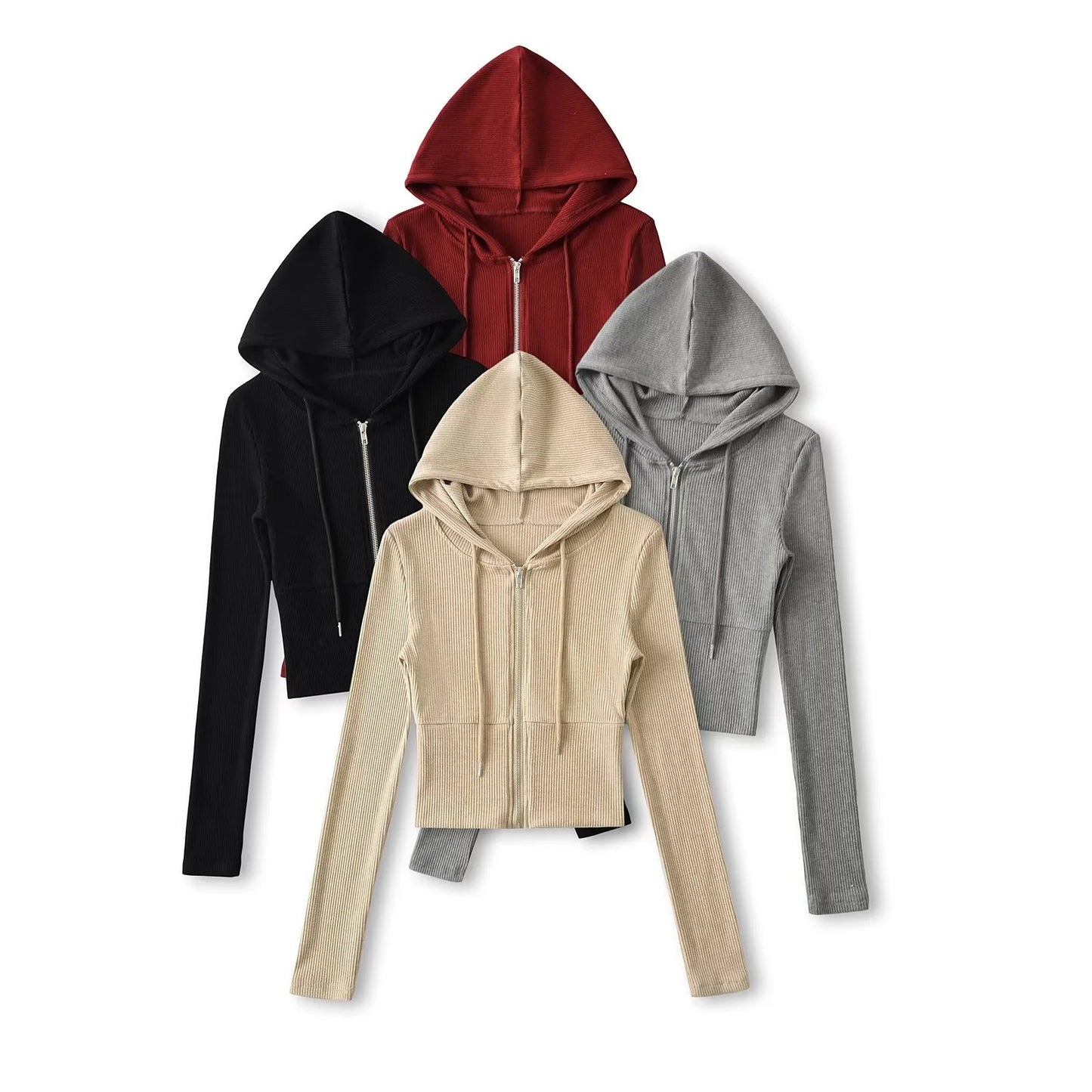 Sporty Casual Hooded Zip-up Waist-cinching Sweatshirt For A Slimming Effect