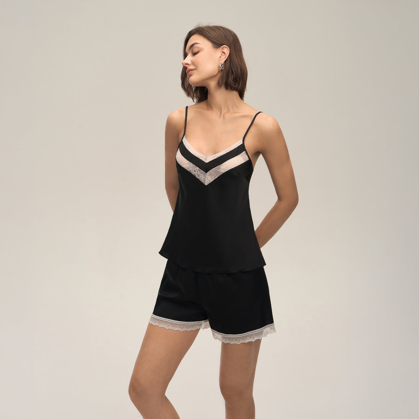 Lace-trimmed Suspender Shorts Set Womens Cozy Casual Loungewear For At-home Comfort