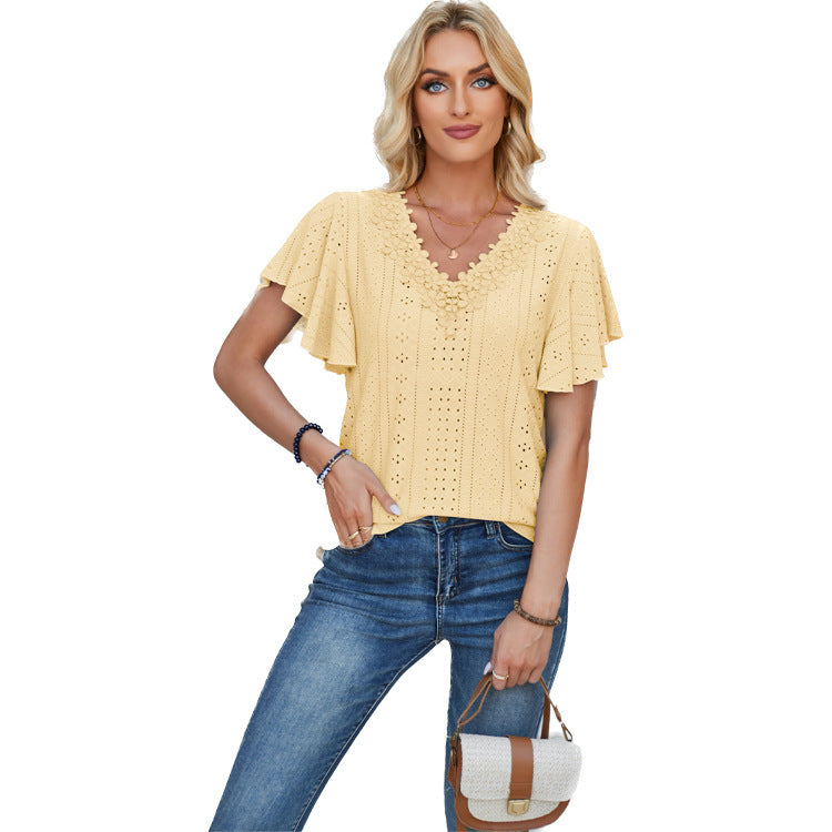 Women's Spring And Summer Lace Ruffle Sleeve Solid Color Loose Short Sleeve