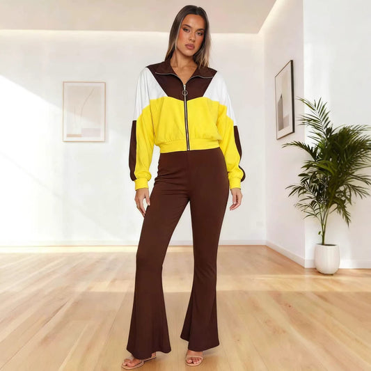 Womens Autumn Color-Block Casual Two-Piece Set