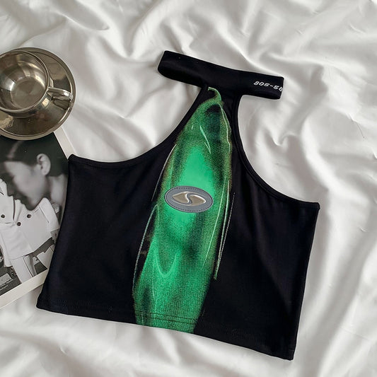 Off-Shoulder Halter Abstract Spice Crop Green Print Tank Top