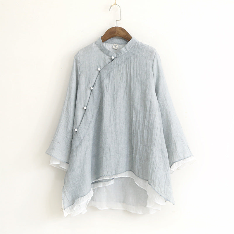 Solid Color Stand Collar Slanted Placket Chinese Style Buttoned Long Sleeves