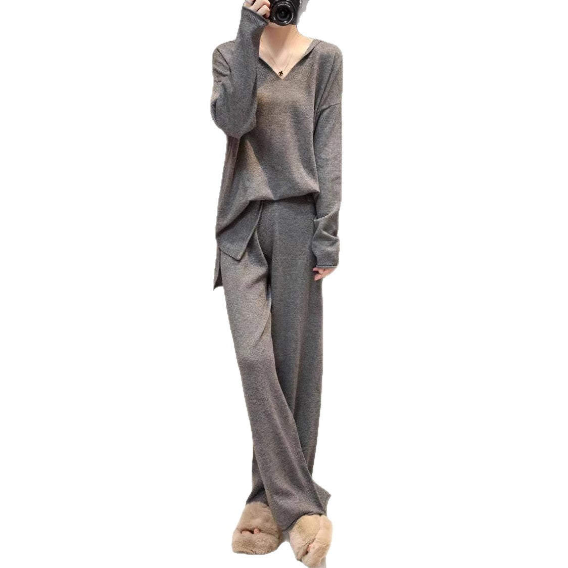 Korean Style Idle Style Hooded Top Casual Wide Leg Pants Knitting Suit