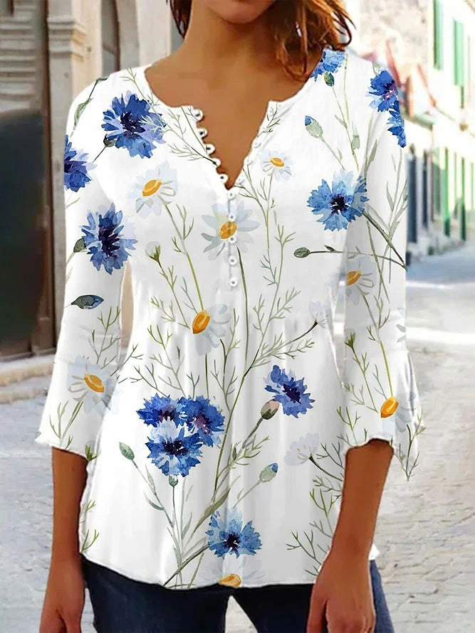 Bluse til kvinder med blomstret print, 3/4 ærmer, V-hals og knapper
