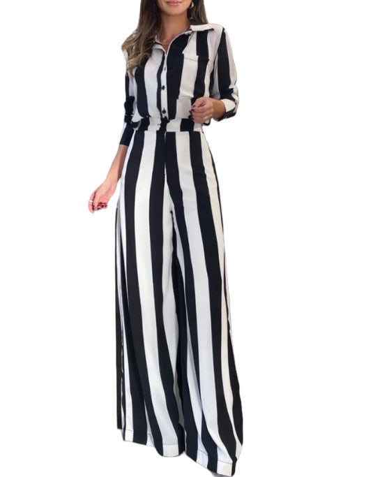 Casual Fashion Black And White Striped Button Pocket Design Shirt Wide Leg Pants Two-piece Set