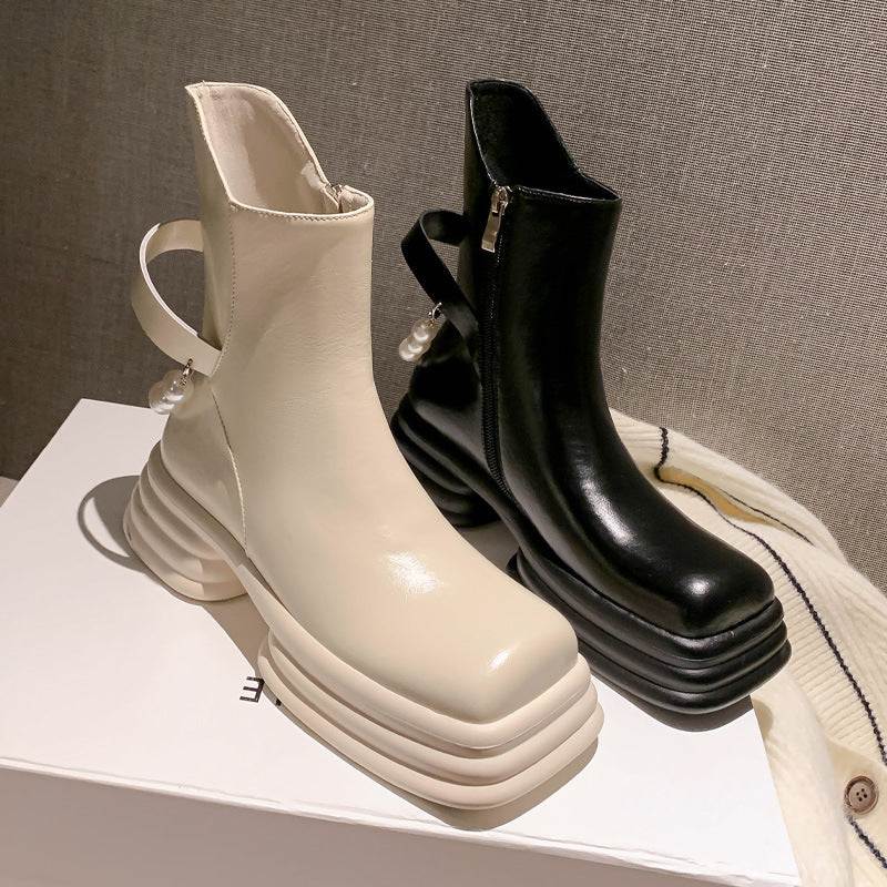 Platform Oblique Mouth Pearl Chain Women's Boots