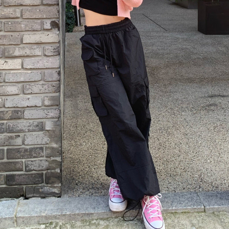 Women's Large Pocket Workwear Woven Loose Drawstring Straight Casual Pants