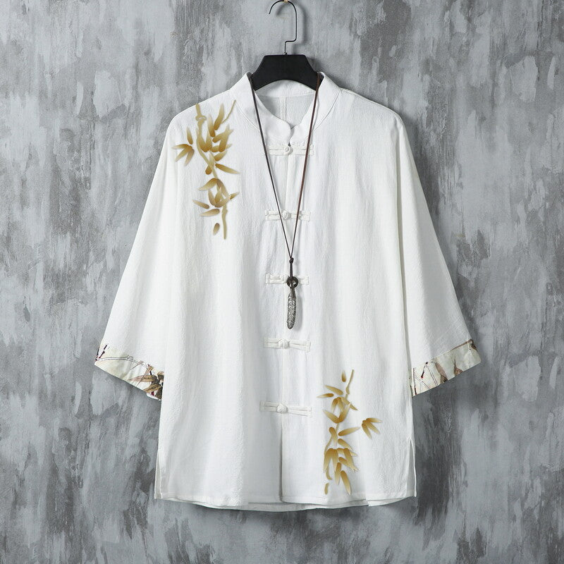 Chinese Style Summer Linen Shirt Men's Short Sleeve Lining