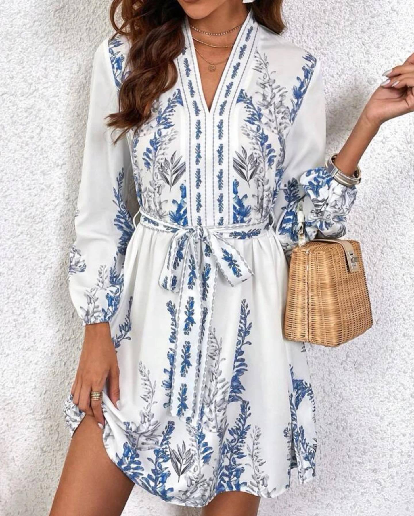 Stylish V-neck Long-sleeve Bohemian Print Dress