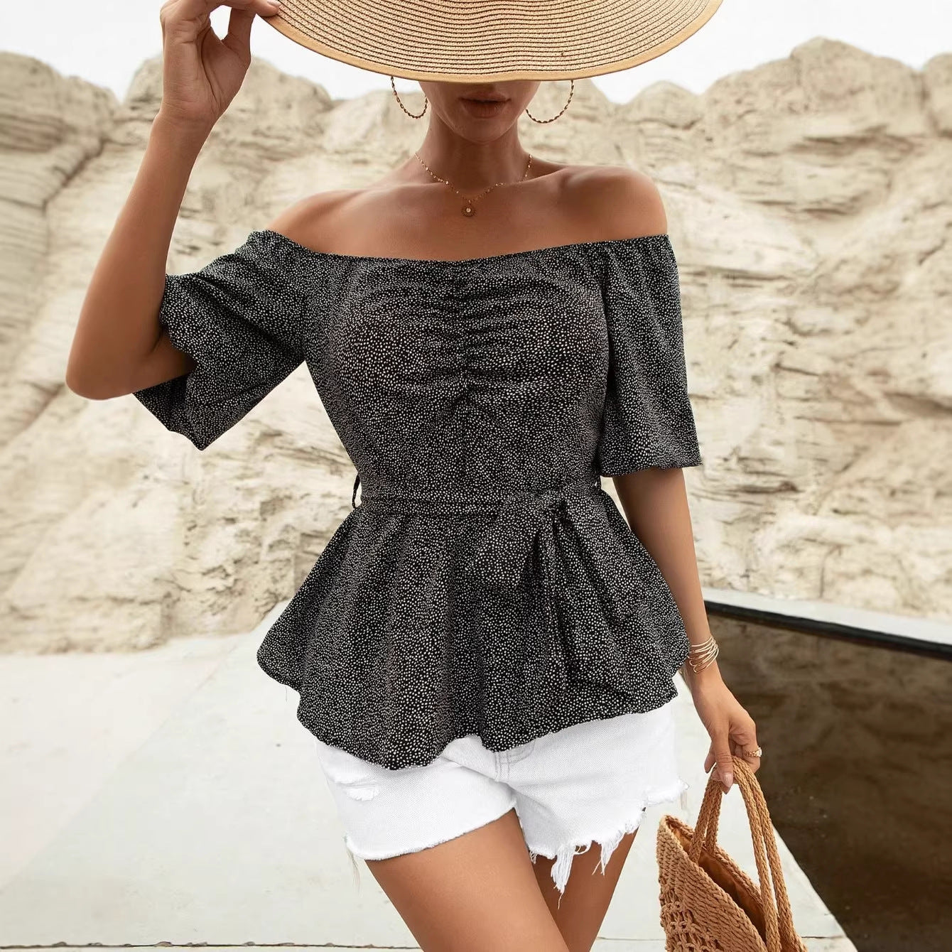 Womens Stylish Waist-cinching Off-shoulder Short-sleeve Top