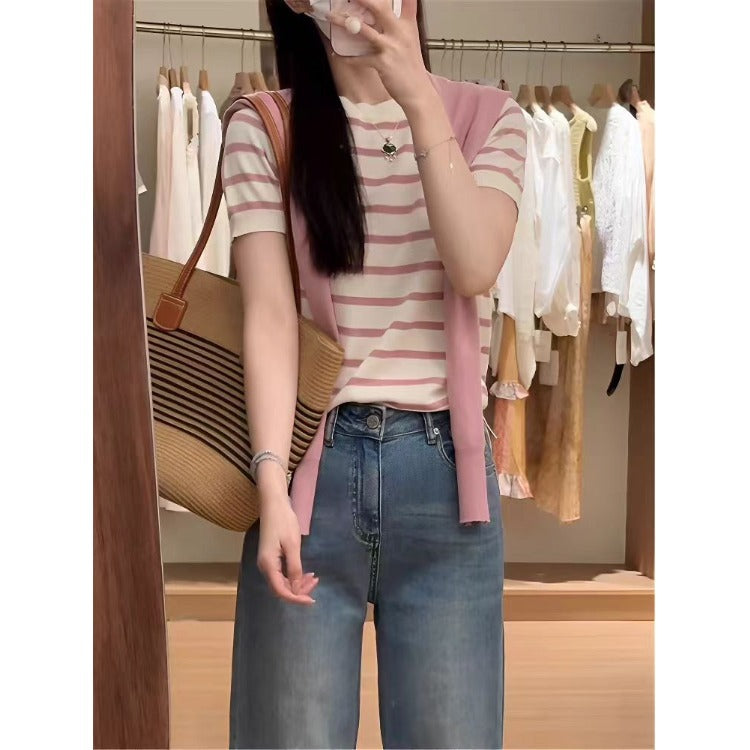 Women's Shawl Contrast Color Striped Short Sleeve Knitted