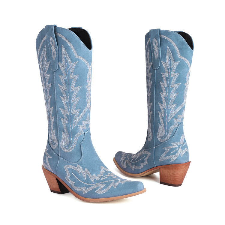 Embroidered Long Knee-high Boots Pointed Toe Chunky Heel High Heel
