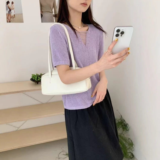 Fashionable Candy Color Gentle Hollow Out V-neck Short Sleeve