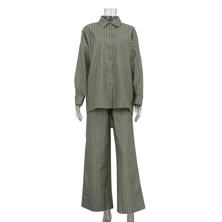 New Stylish Striped Set Loose-fitting Long-sleeve Shirt And Wide-leg Pants