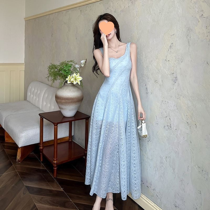 French-style Blue Square-Neck Strap Dress Womens Waist-Cinching Slimming Dress