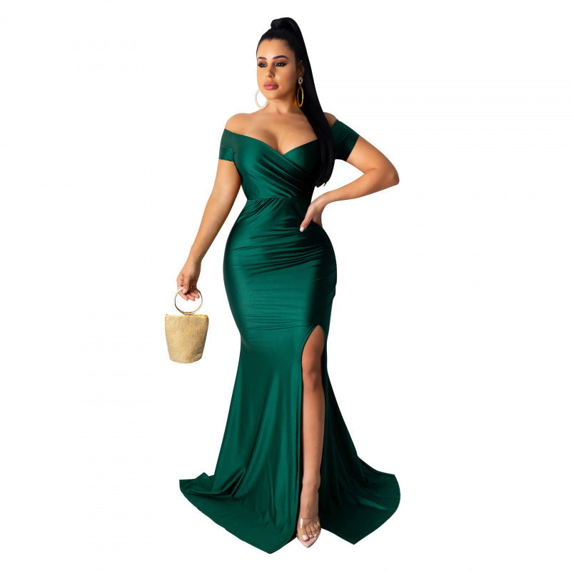 Nightclub V-neck Formal Dress In Solid Color With A High Slit And Short Sleeves