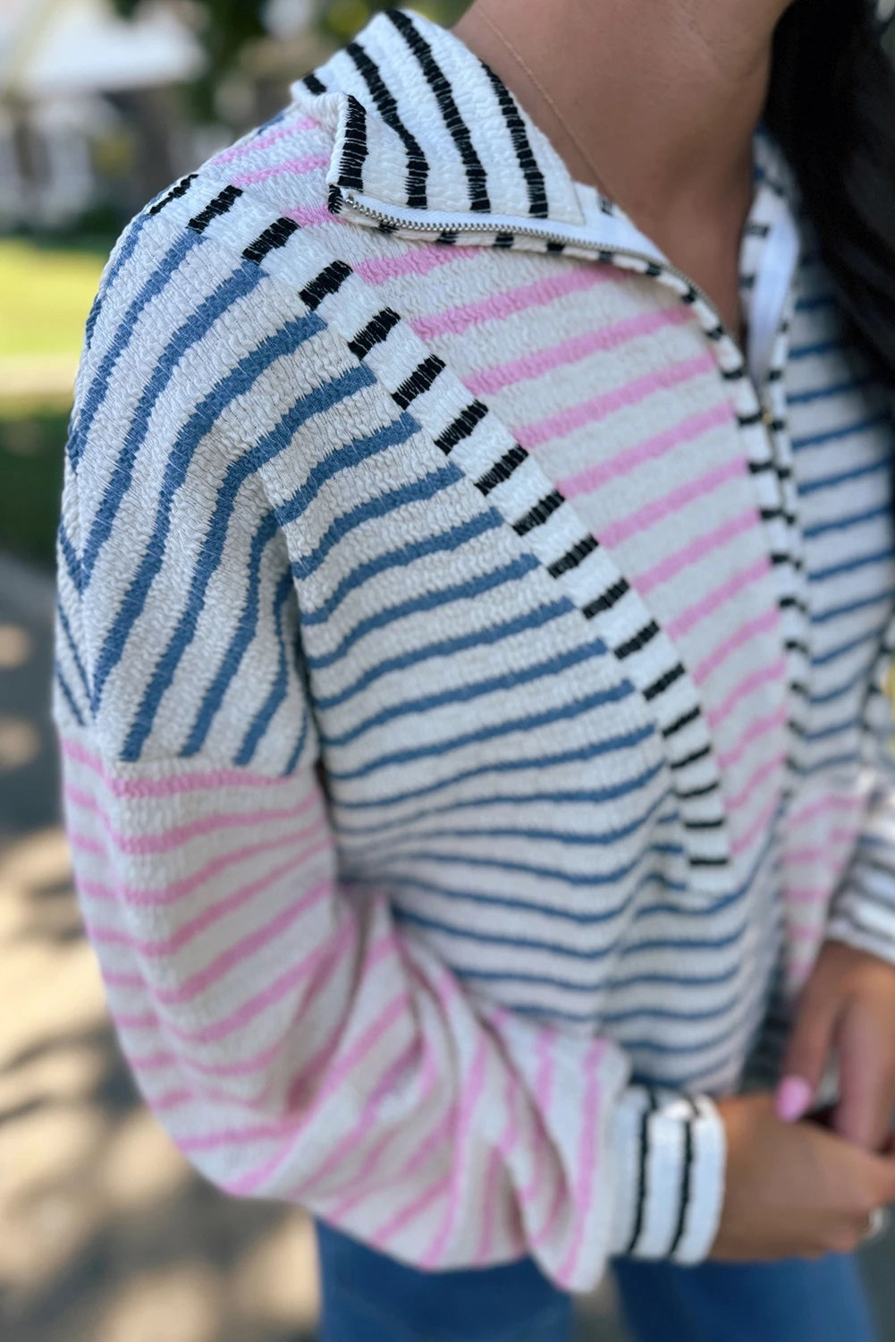 Multifarvet stribet kontrastfarvet patchwork half-zip drop-shoulder langærmet top